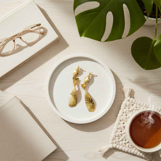 Beaten Metal Twist Earrings - Gold Stainless Steel