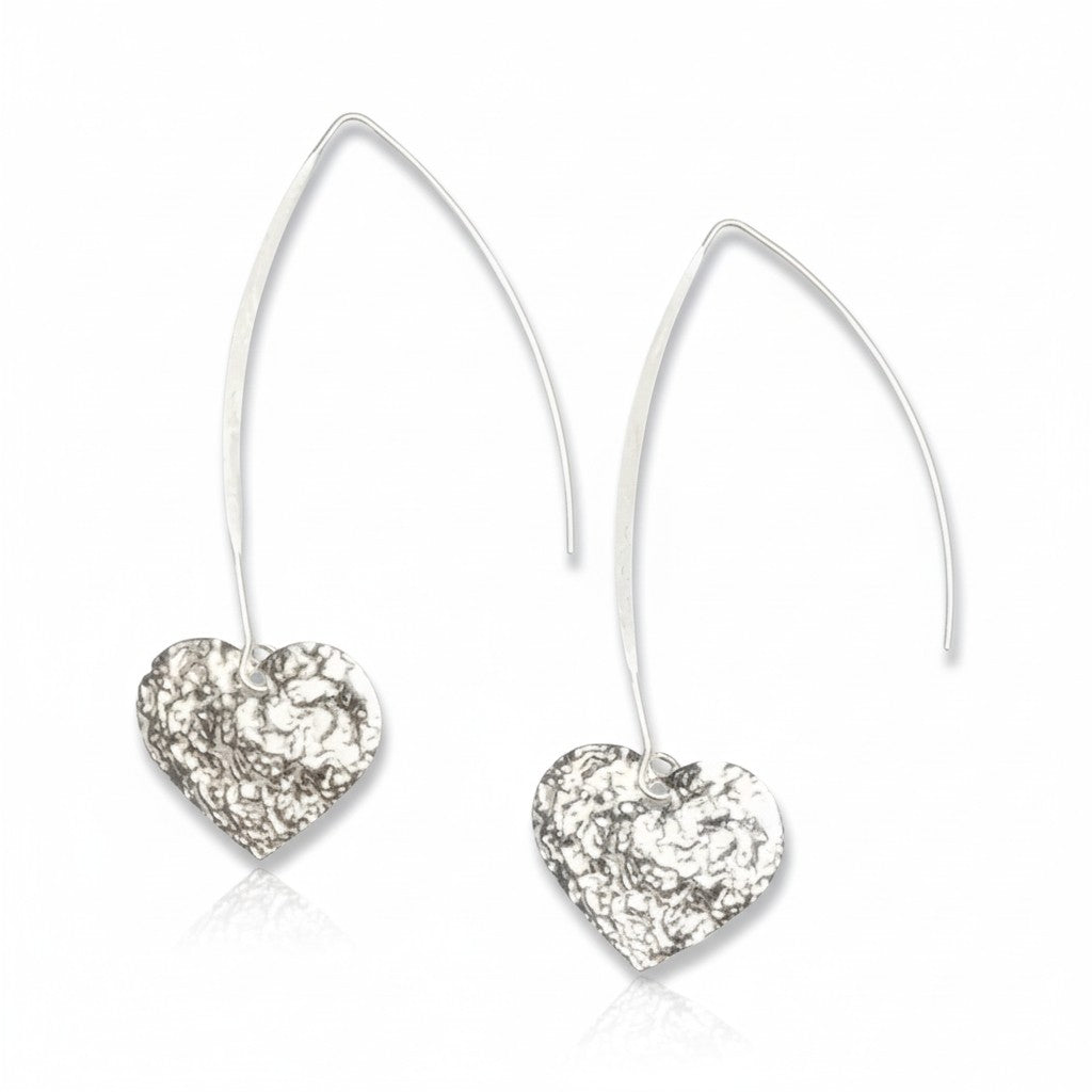 Hammered Heart Drop Earring - Silver Plate