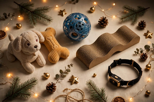 Flat-lay of gifts for pet lovers — plush dog toys, a puzzle ball, a cat scratcher and a laser collar toy on a warm cream background with pine sprigs and gold accents