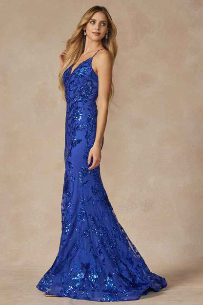 Sequin lace embellishments fitted prom gown