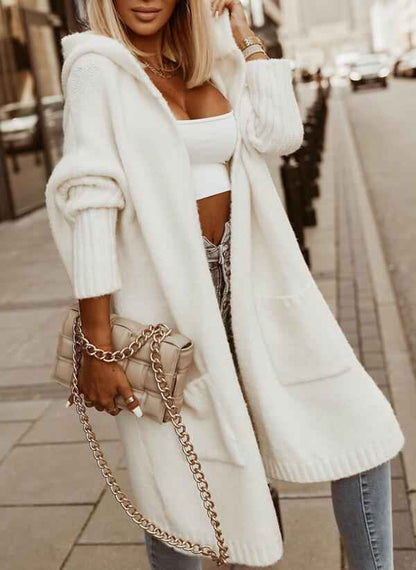 Women's Long Wool-Blend Hooded Lapel Cardigan Jacket