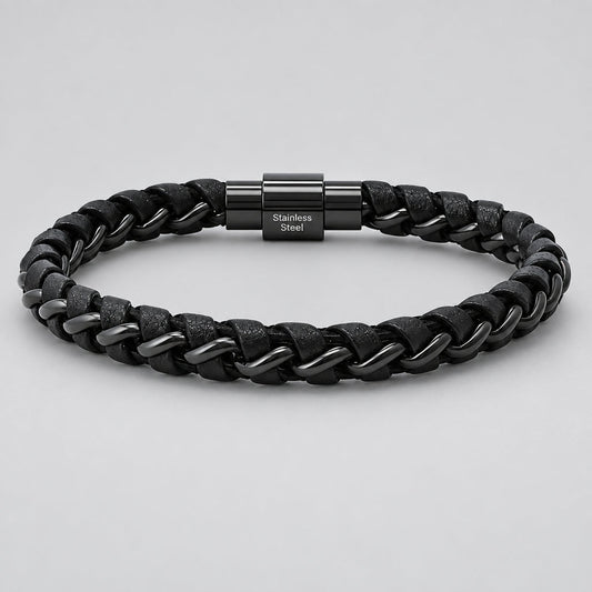 Men's Black Steel Magnetic Bracelet. Braided Leather Chain Link Biker Jewelry