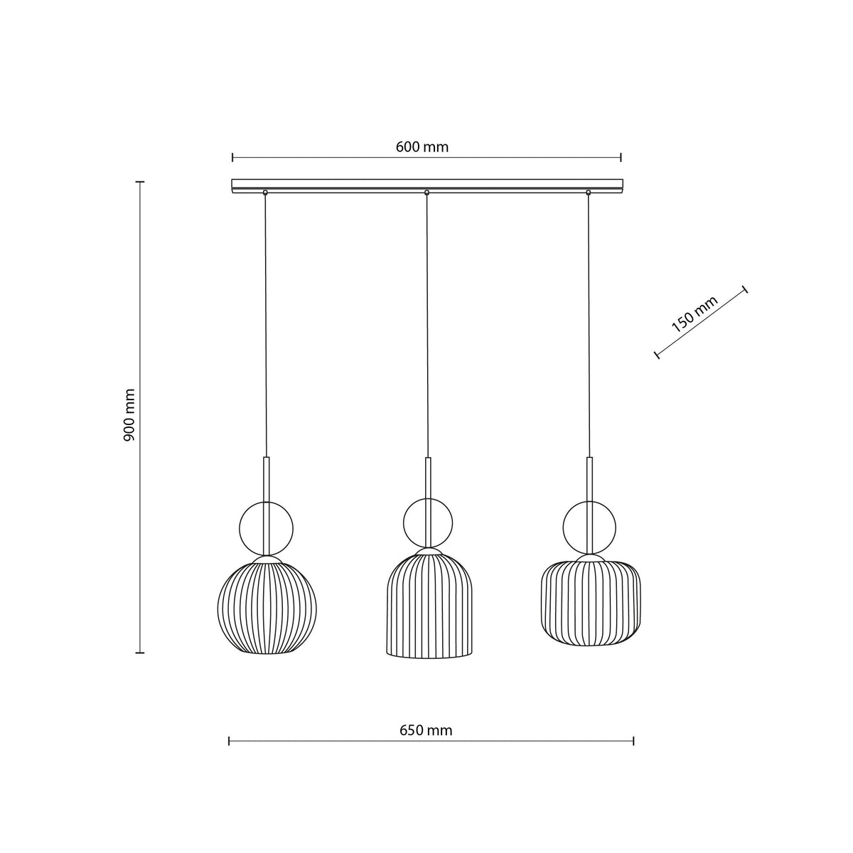 SOPHIA Cognac Ribbed Glass 3-Light Linear Pendant for Dining, Living Room & Kitchen