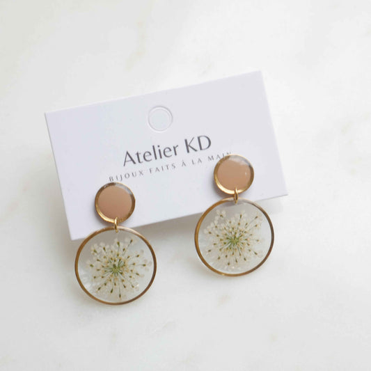 Boucles d'oreilles duo Estelle blanche et beige - rond (25mm)