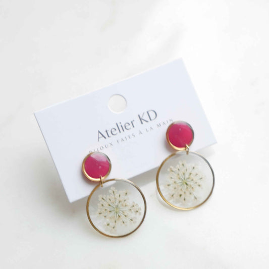 Boucles d'oreilles duo Estelle blanches et framboises - rond (25mm)