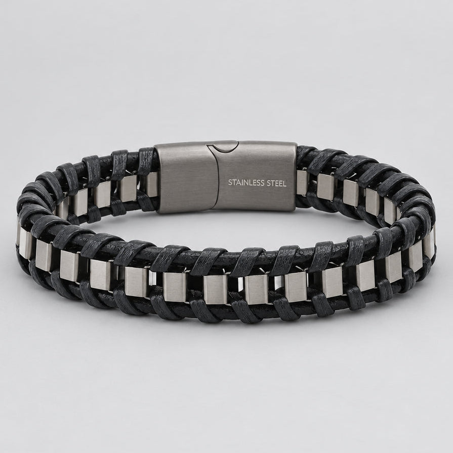 Men's Matte Black Braided Leather & Stainless Steel Box Link Biker Bracelet
