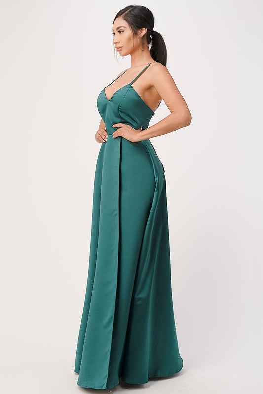 open side back spaghetti zig zag tie satin gown