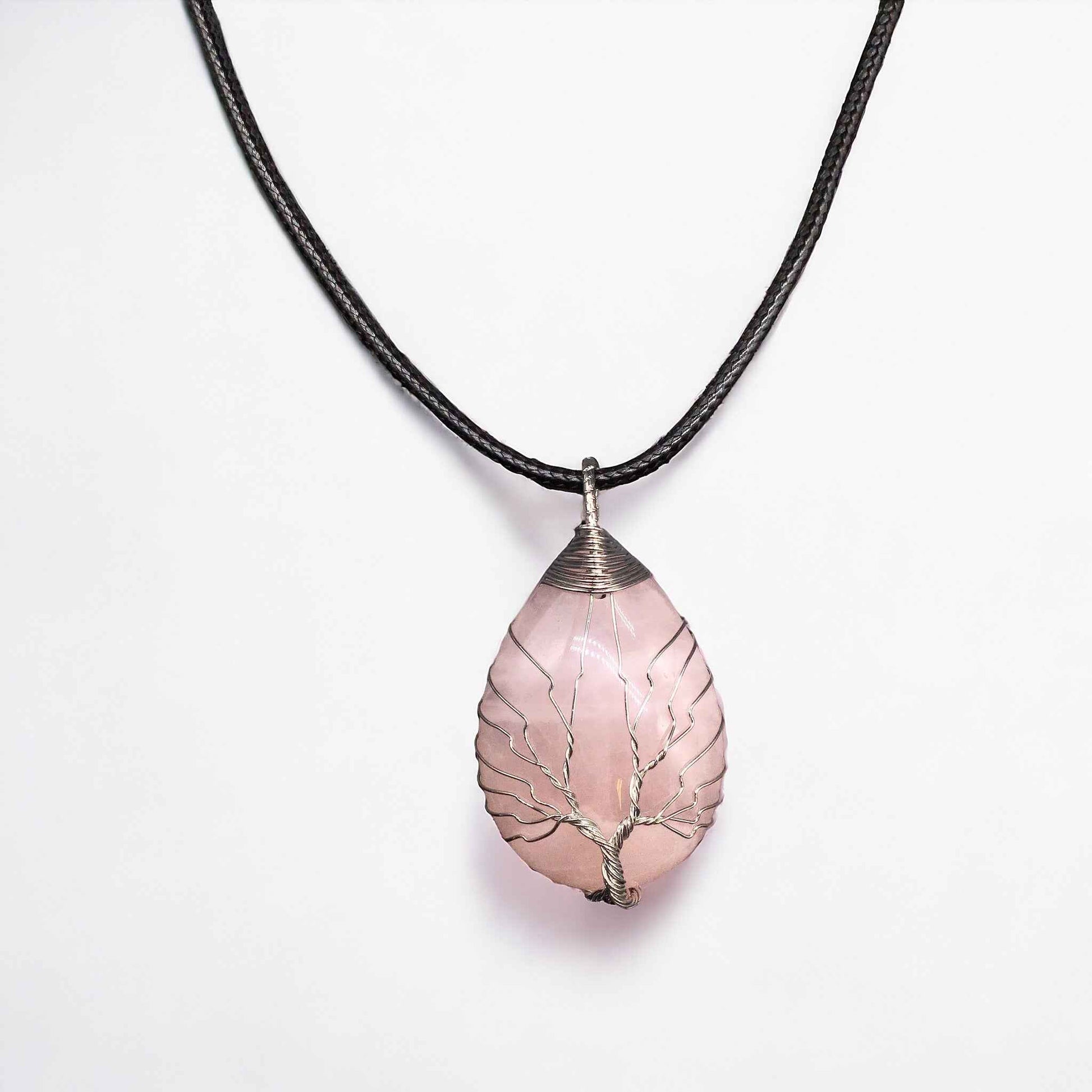 Light pink Gemstone Pendant Wrapped w/ Silver Tree of Life