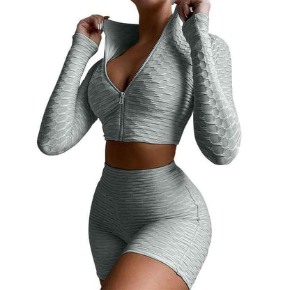 Women’s 2-Piece Yoga Workout Set – Solid-Color Zipper Top & High-Waisted Shorts