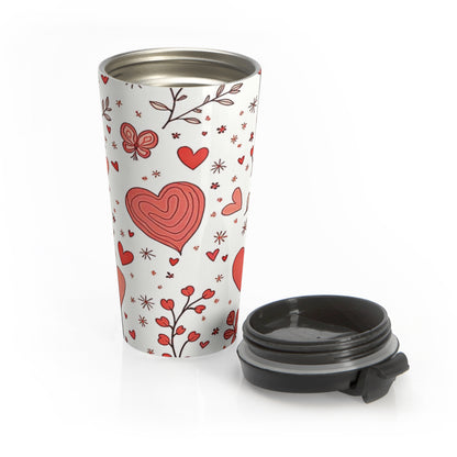 Hand-Drawn Hearts Travel Mug | Valentine Butterfly Floral Stainless Steel - AURABAGS SHOP