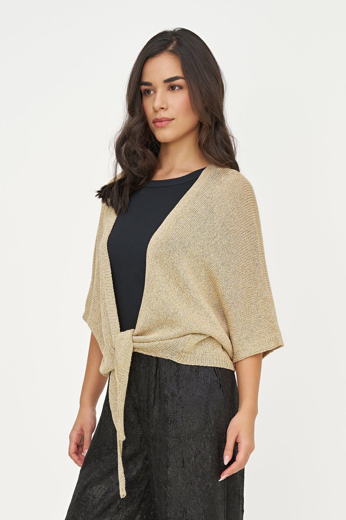 Women's Lurex Open Knit Cardigan, 3/4 Sleeves & Self-Tie Front
