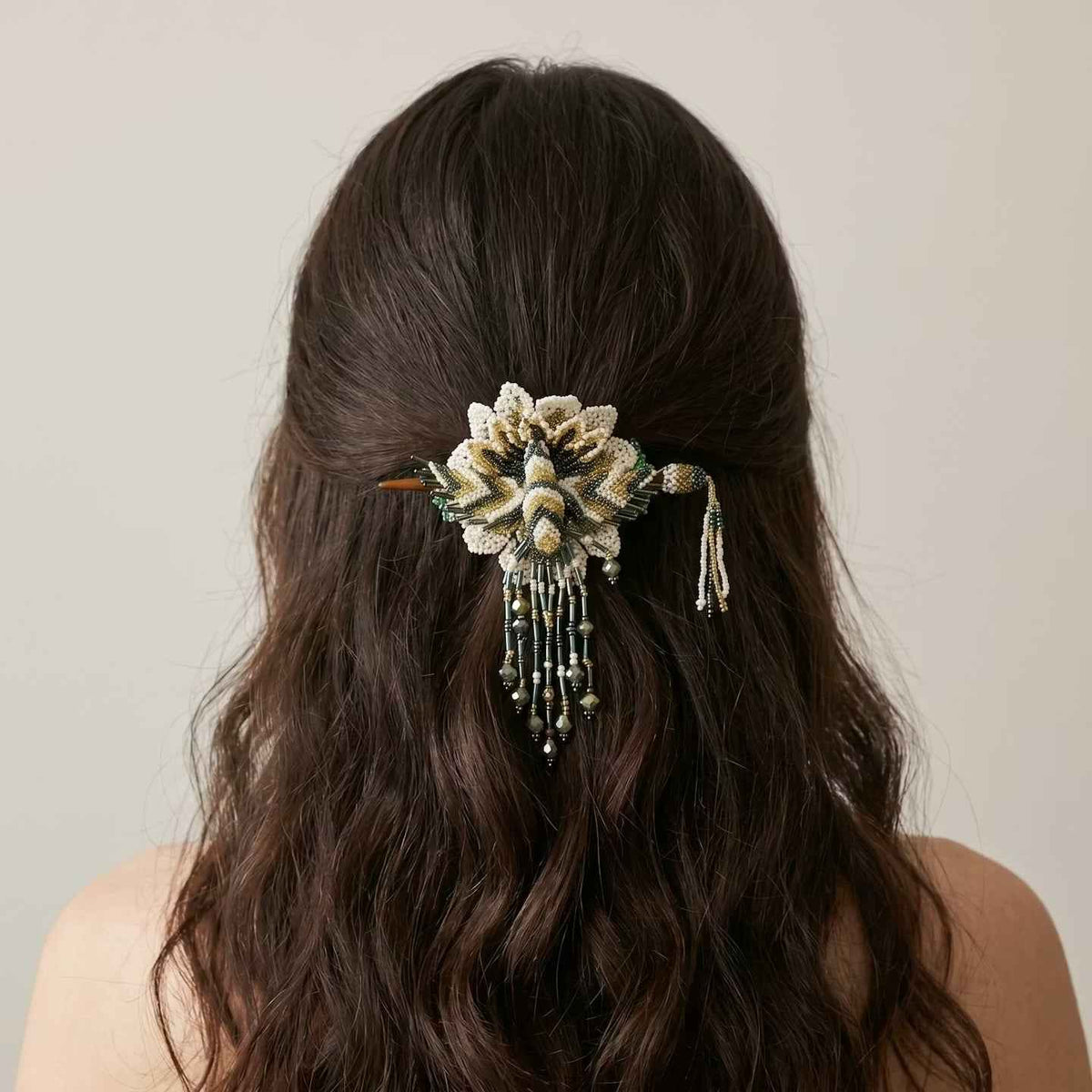 Maple Blossom Hummingbird Beaded Hair Stick Barrette White