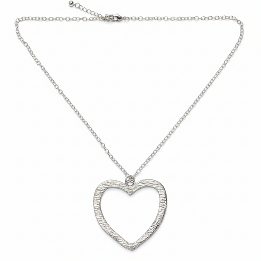 Textured Heart Shaped Pendant On Simple Chain - Silver Plate