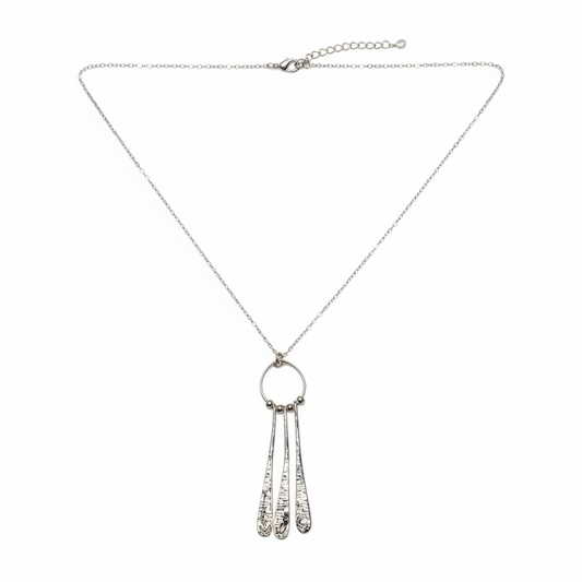 Beaten Triple Long Tear Drop Necklace - Silver Plate