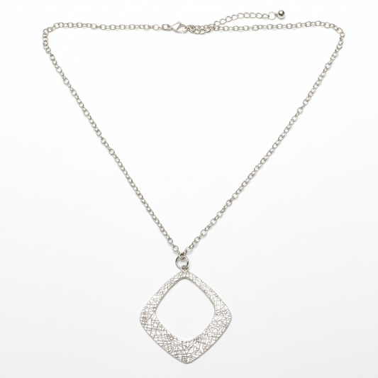 Textured Diamond Shaped Pendant On Simple Chain - Silver Plate