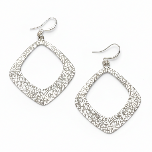 Textured Diamond Shaped Earrings - Silver Plate