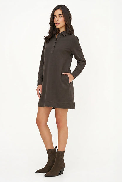 Women's A-Line Dress, Long Sleeves, Partial Button Placket & Pockets