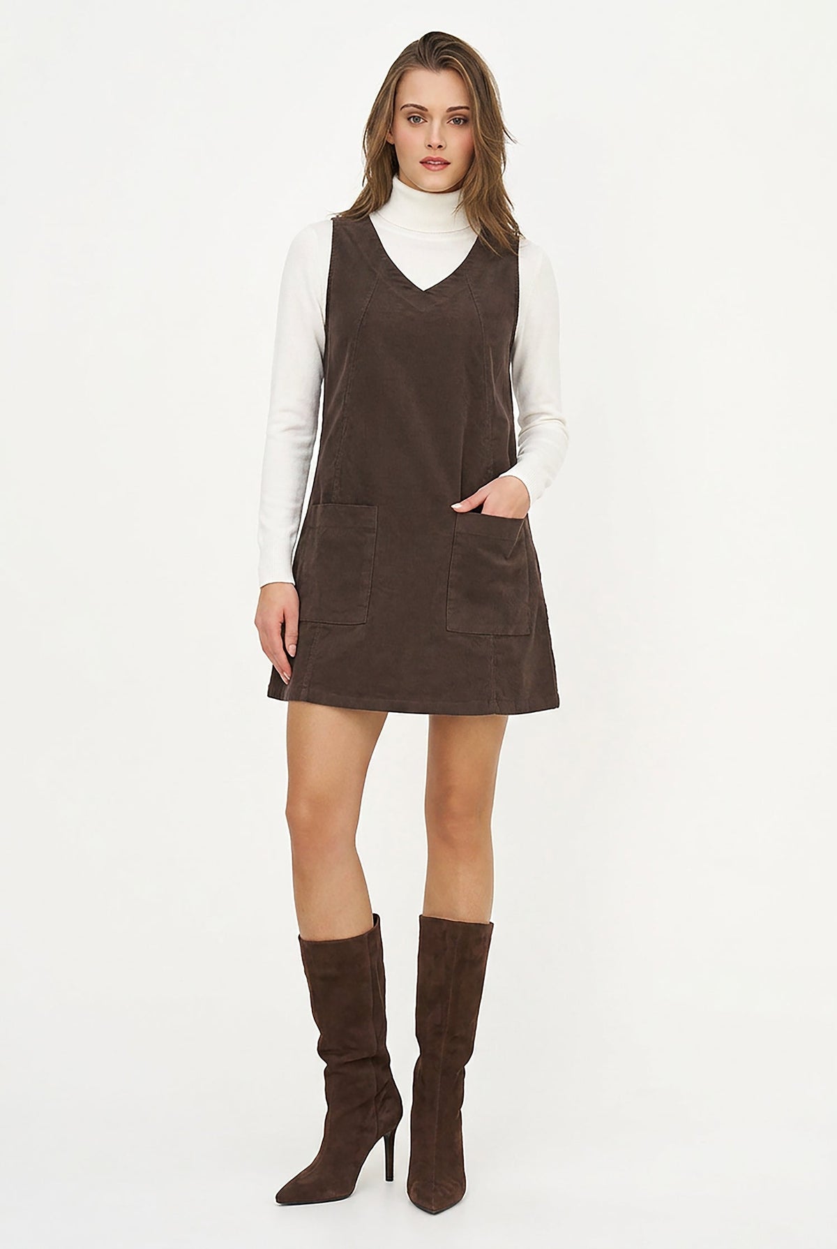 Women's Corduroy Sleeveless V-Neck Dress with Patch Pockets