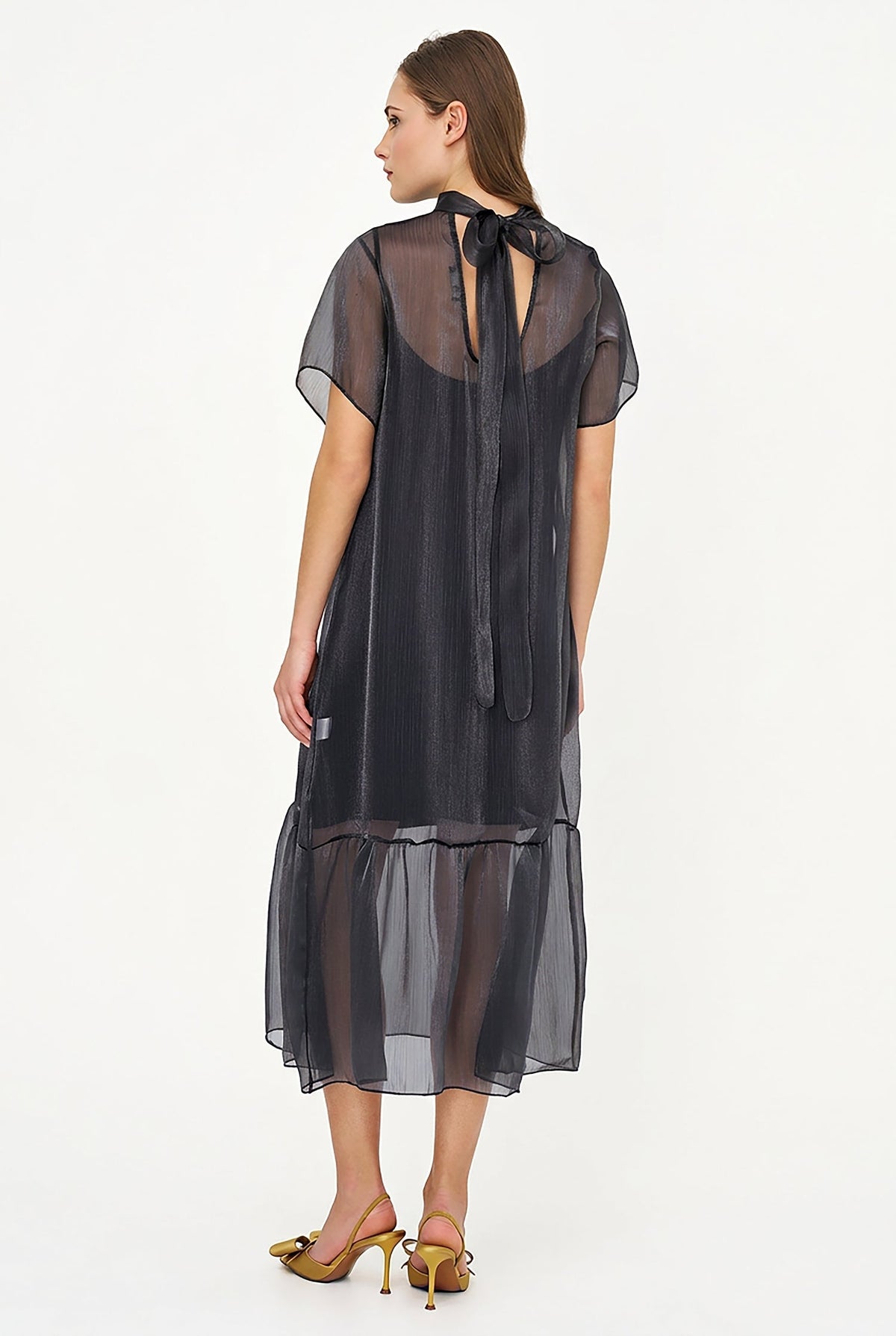 Women's Short-Sleeve Turtleneck Dress, Tie-Back Bow & Ruffle Hem