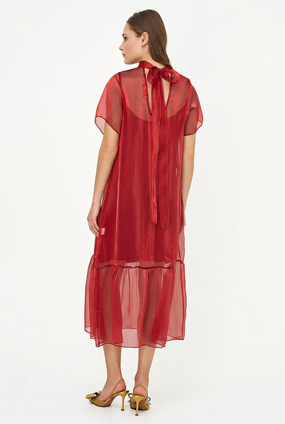 Women's Short-Sleeve Turtleneck Dress, Tie-Back Bow & Ruffle Hem