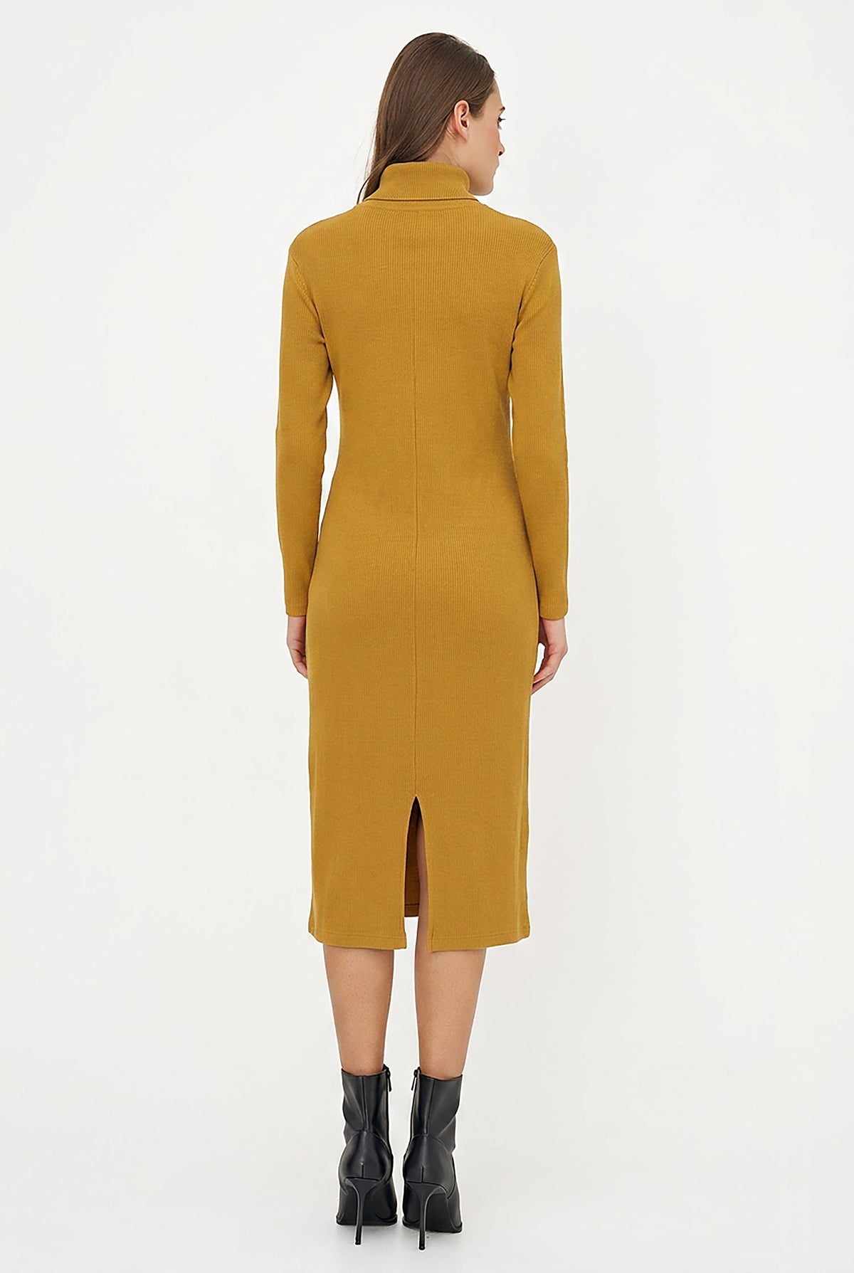 Women's Rib-Knit Turtleneck Dress, Long Sleeves & Back Slit