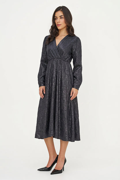 Women's Woven Fixed Crossover V-Neck Dress with Long Sleeves
