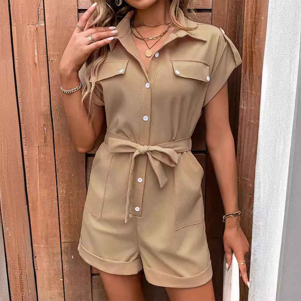 Women's Summer High-Waist Lapel Jumpsuit with Tie and Pockets