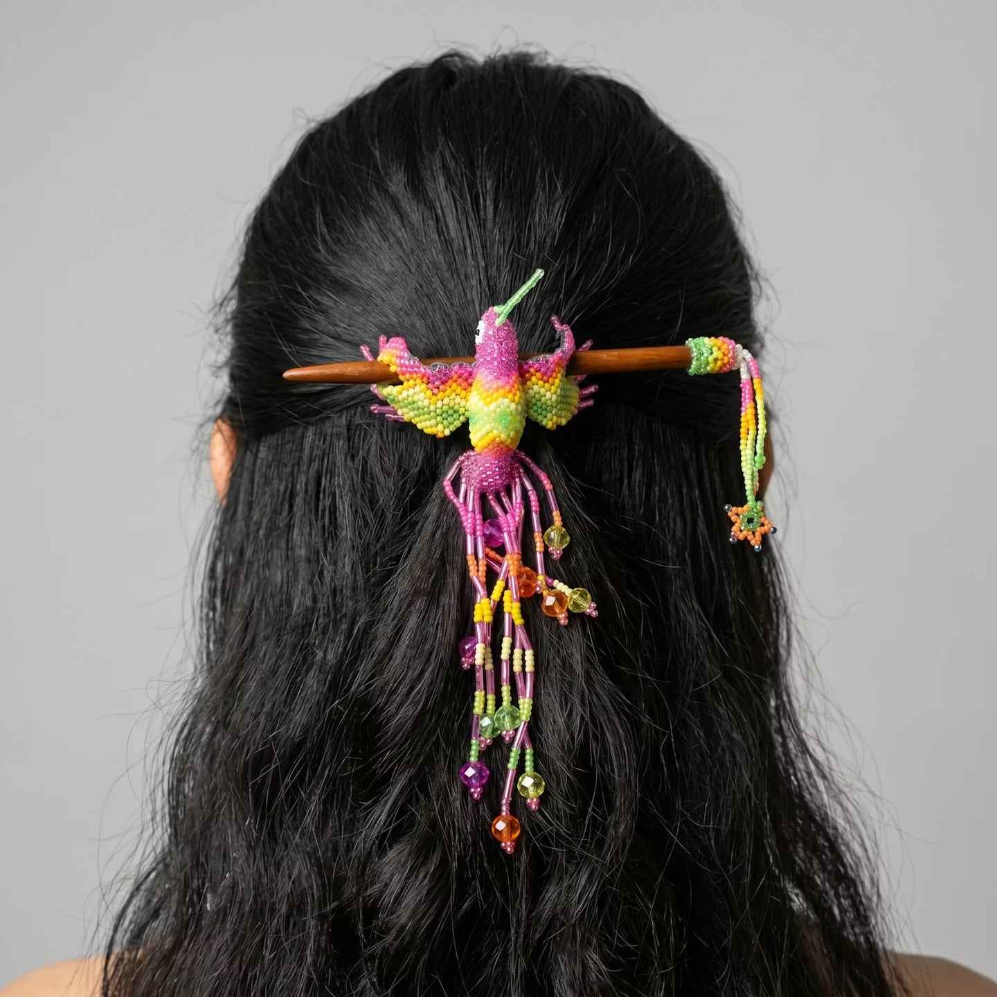Pink Hummingbird Beaded Hair Stick