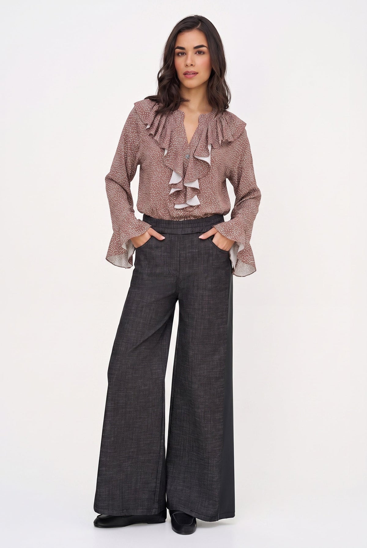 Women's Printed Button-Down Shirt with Ruffled Front, Collar & Cuffs