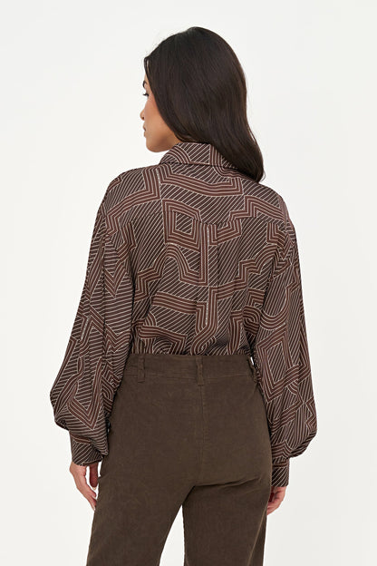 Women's Printed Button-Down Shirt with Long Sleeves Puffed at Cuffs