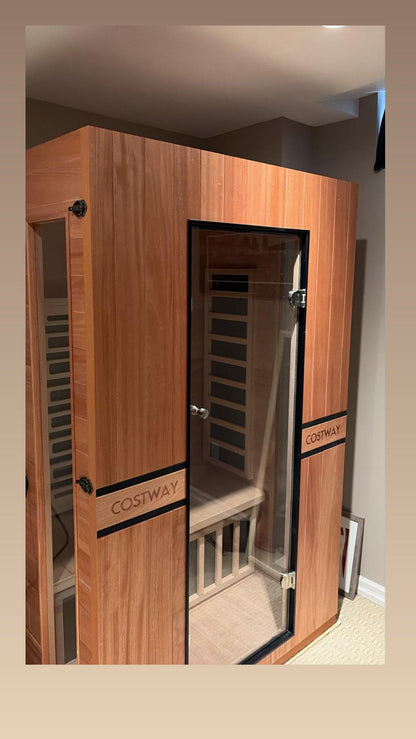 PREORDER NOVEMBER 2026-Costway 2-Person Dual Therapy Full Spectrum Infrared Sauna with Red Light Panel, WiFi App Control, Chromotherapy & Bluetooth – Okoume Wood- Fully Loaded Indoor Spa