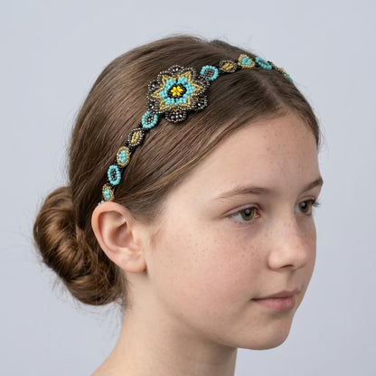 Beaded Headband with Flower Turquoise