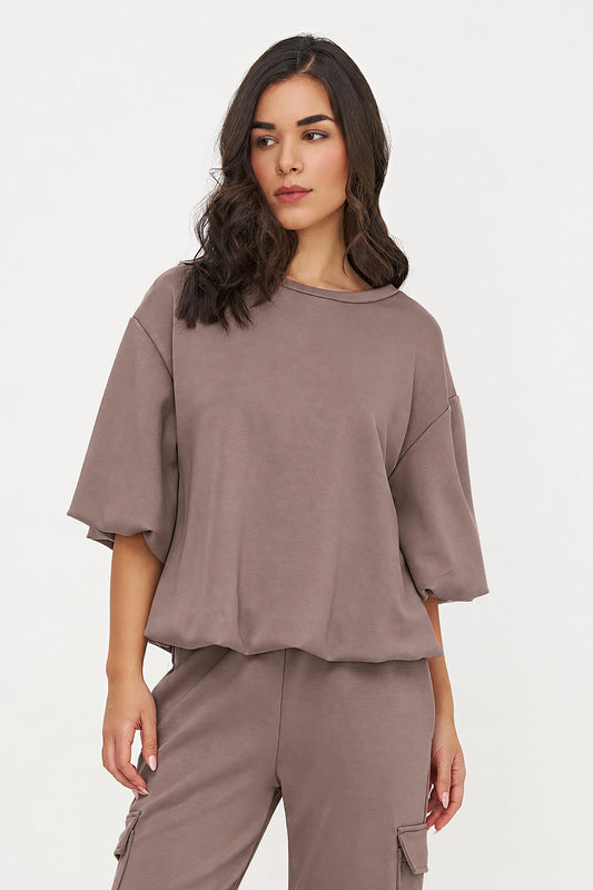 Women's Crew-Neck Sweatshirt, Elbow-Length Bubble Sleeves & Bubble Hem