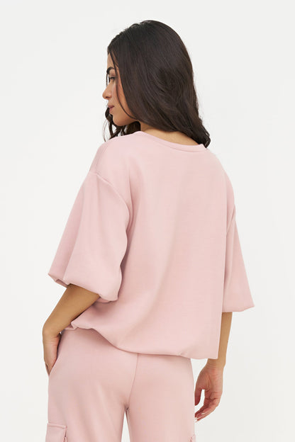 Women's Crew-Neck Sweatshirt, Elbow-Length Bubble Sleeves & Bubble Hem