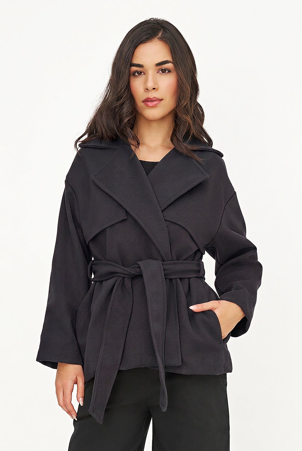 Women's Double-Breasted Coat, Lapel Collar, Flaps & Removable Belt