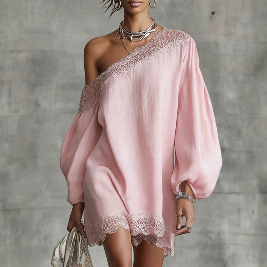 Solid-color Lace-trimmed Casual Off-shoulder Long-sleeve Top