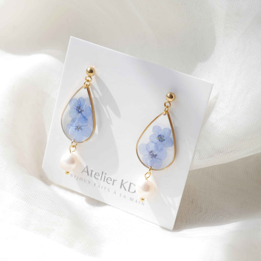Boucles d'oreilles myosotis et perle - goutte 22mm