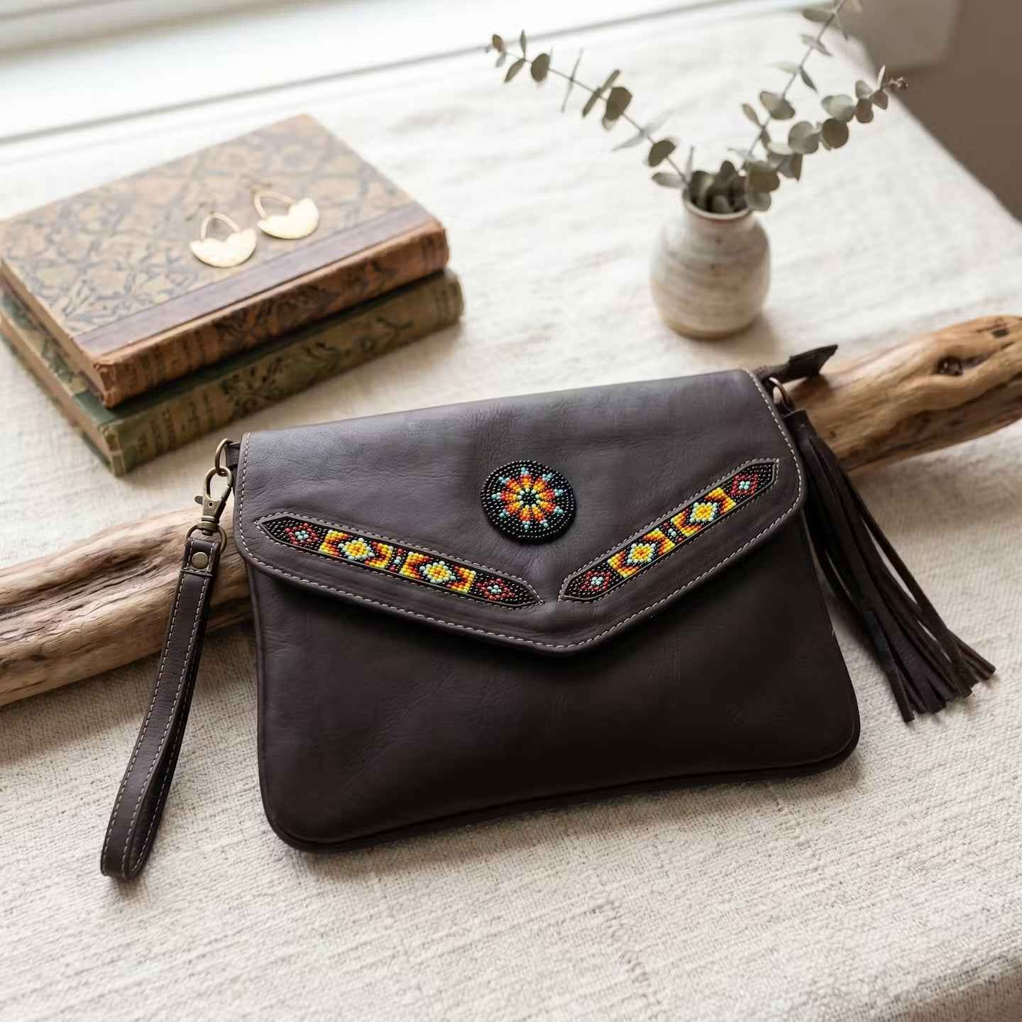 Leather beaded Crossbody bag(Chocolate Brown)