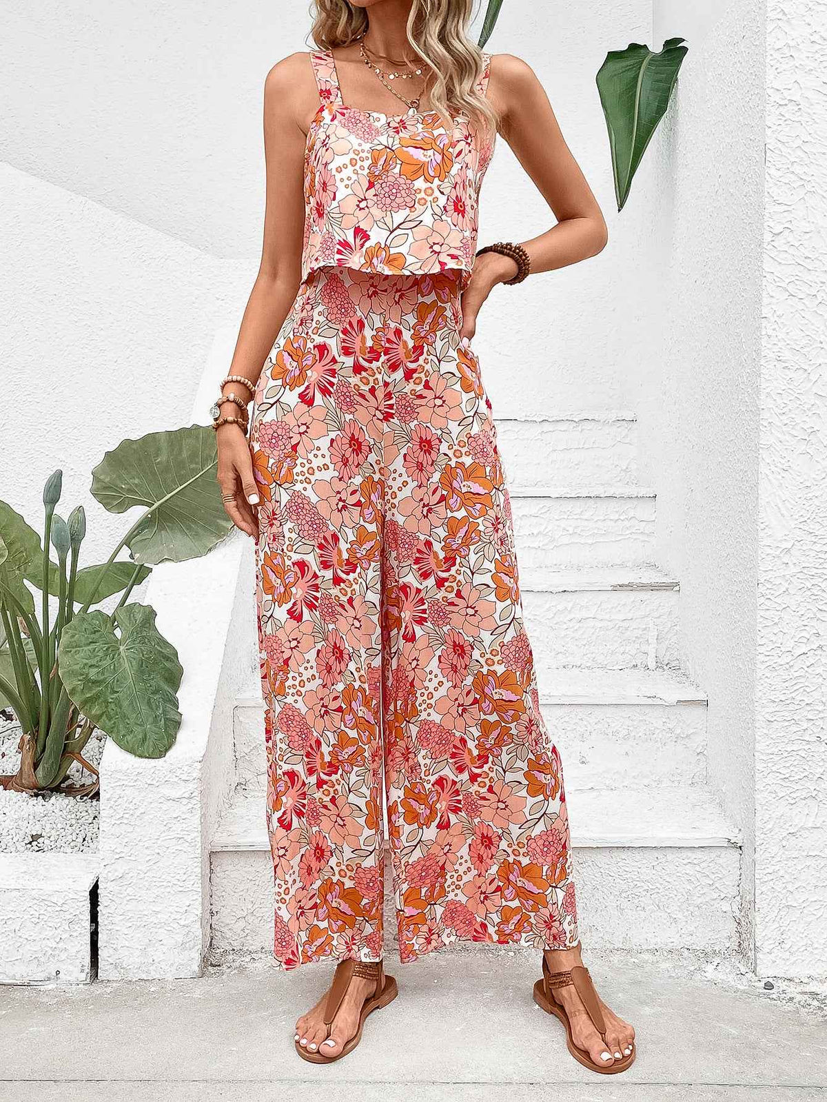 Women's Printed Square-Neck Camisole Cropped Jumpsuit