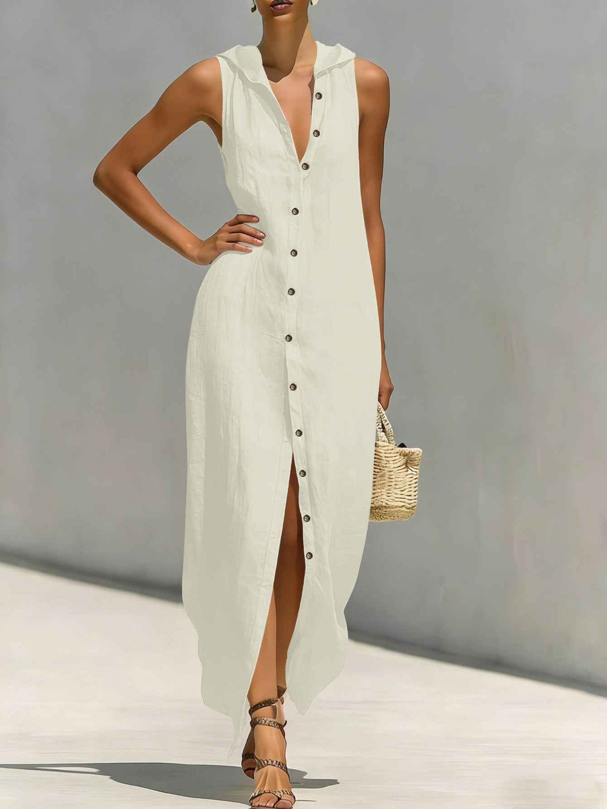 Women's Hooded Sleeveless Button-Down Split Maxi Dress – Casual Vacation Long Dress for Spring & Summer