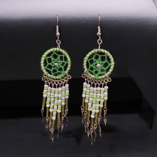 Green and White Beaded Dreamcatcher earrings