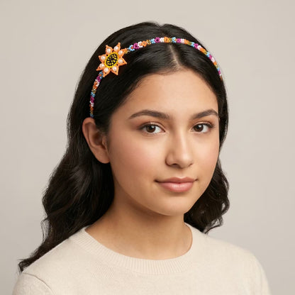 Beaded Headband with Flower Orange