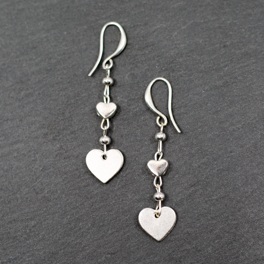Silver Plate Double Drop Heart Charm Earrings