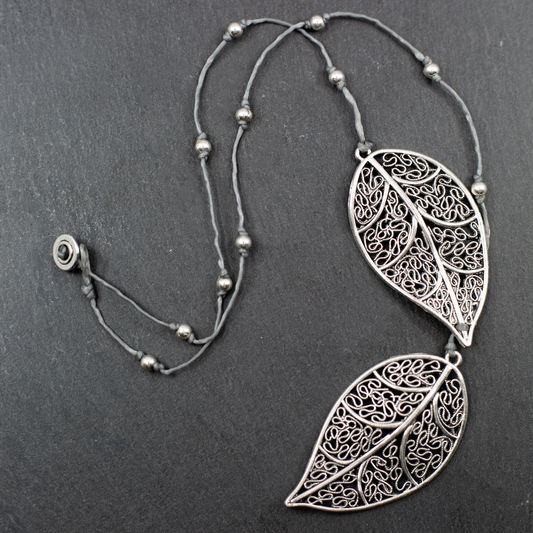Silver Plate Short Double Leaf Necklace