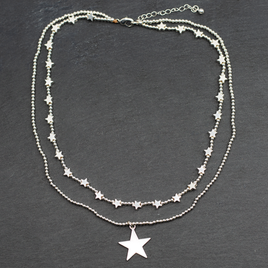 Silver Plate Double Strand Star Charm Necklace