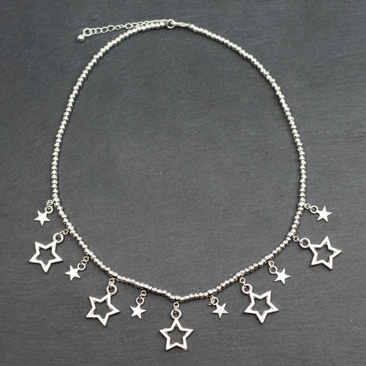 Silver Plate Short Charm Necklace With Drop Stars