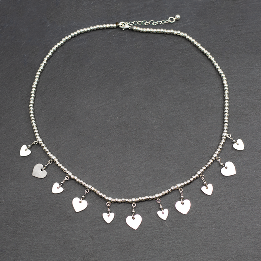 Silver Plate Short Charm Necklace With Drop Hearts