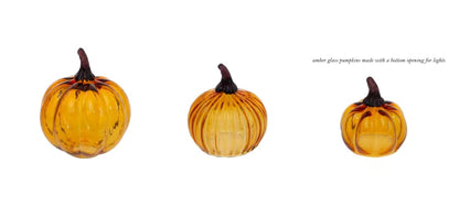 Boston International Hand Blown Glass Pumpkin Tabletop Mantel Shelf Fall Autumn Thanksgiving Halloween Decorations for Home, Small, Amber Orange