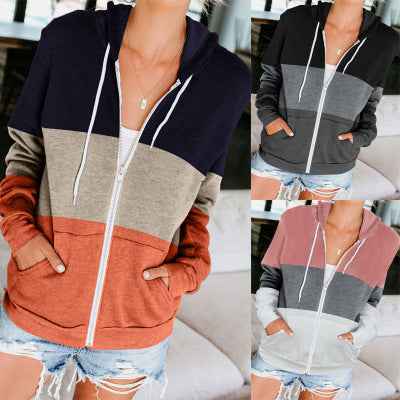 Women's Color-Contrast Hooded Zipper Cardigan Jacket