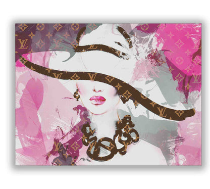 Hi Fashion Pink Portrait Canvas Wall Art | Wide-Brimmed Hat | 47 × 35 inches